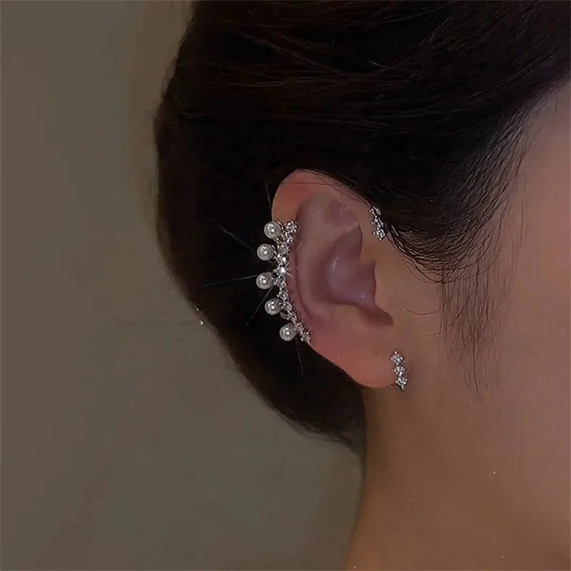 Silver Pearl Ear Cuff front view